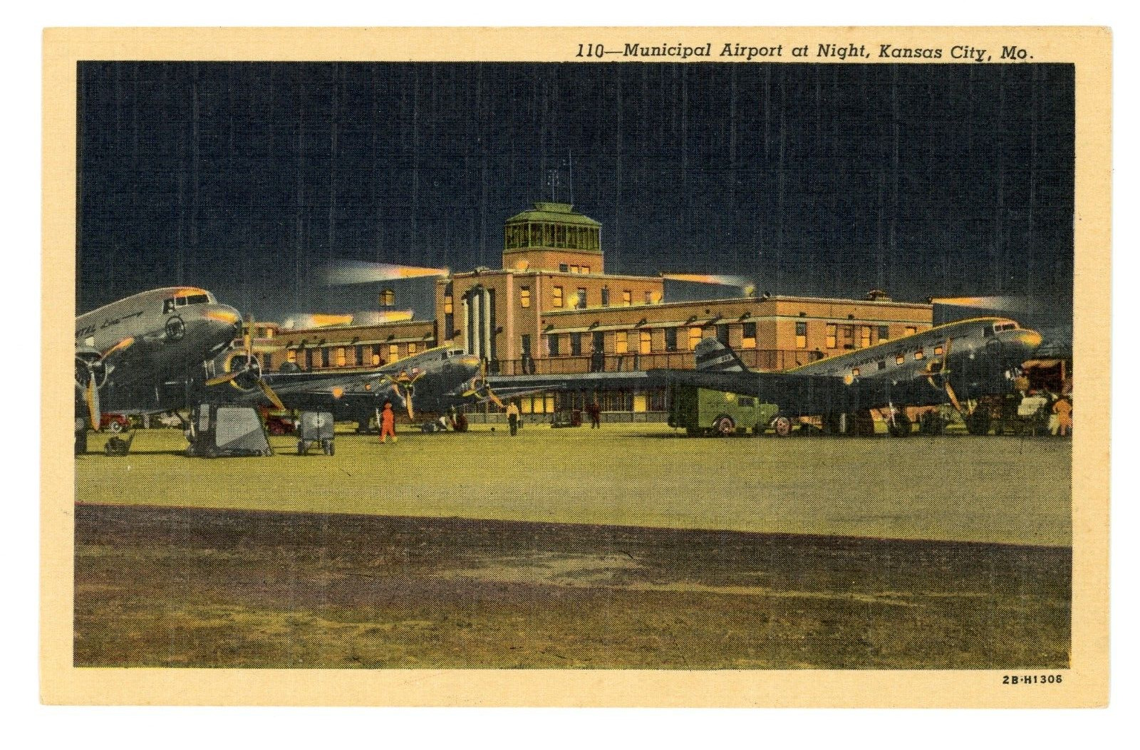 Municipal Airport at Night Kansas City Missouri c1942 Vintage Postcard