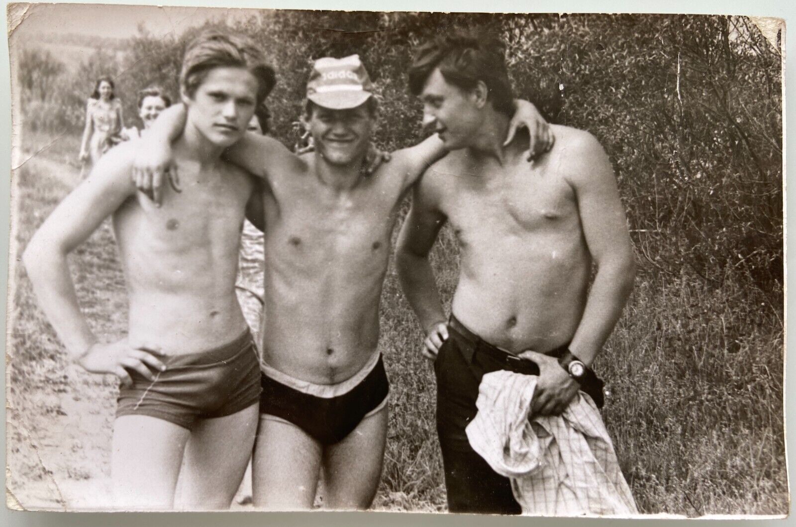 Shirtless Men Trunks Bulge Beefcake Affectionate Guys Gay Interest Vintage Photo