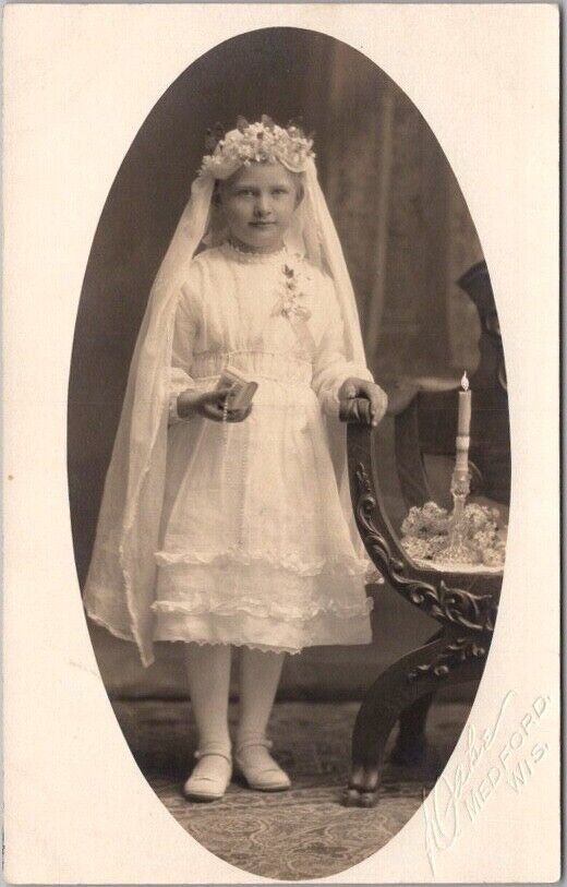 c1910s Photo RPPC Postcard Girl in White Gown / Catholic Confirmation Ceremony