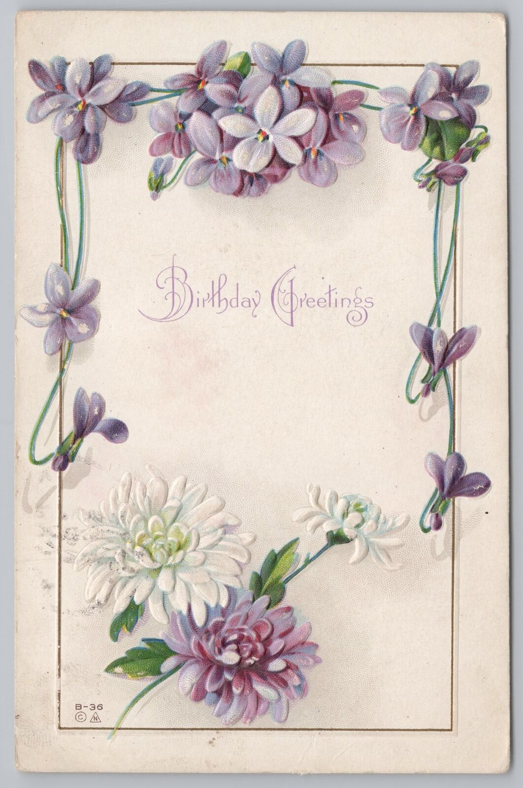 Greetings~E Nash~Birthday Greetings~Violets & White Flowers~Emb~PM 1912 Postcard
