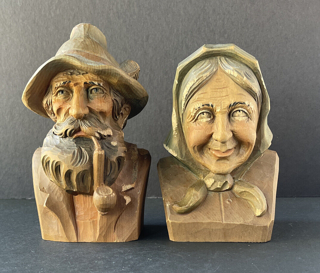 Oberammergau Vintage Wood Hand Carved Folk Art Man & Woman Figurines \