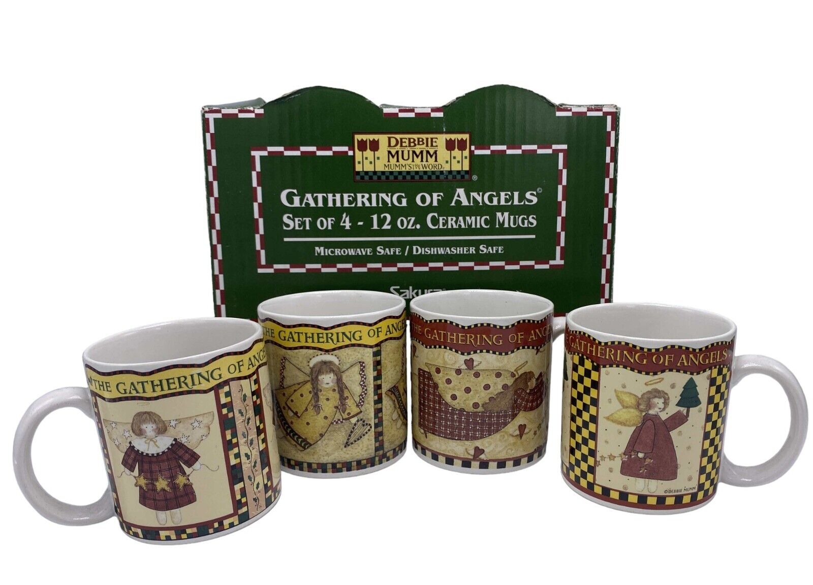 Debbie Mumm Gathering of Angels Mug Set (4) NEW Plaid 12oz 1998 Prty Mail Shp