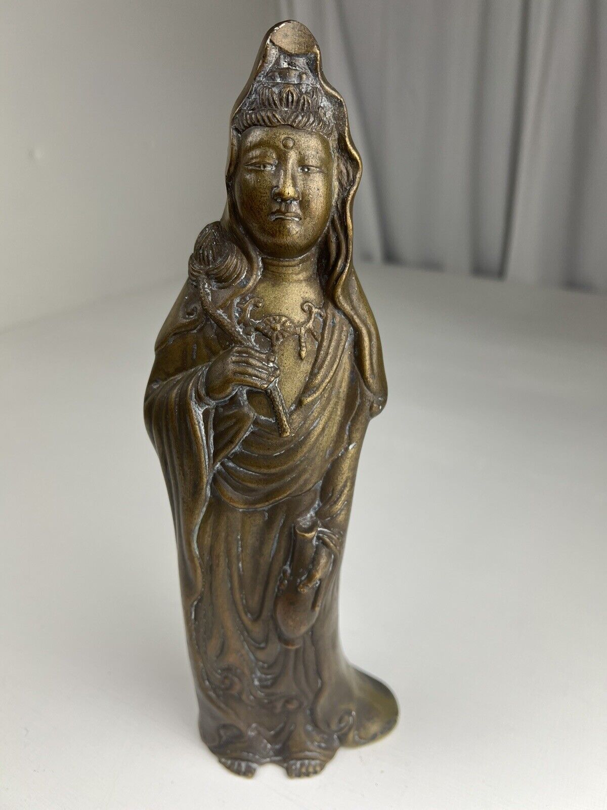 11” Solid Brass Asian Statue Guanyin Quan Yin Goddess of Mercy Ritual Water Vase