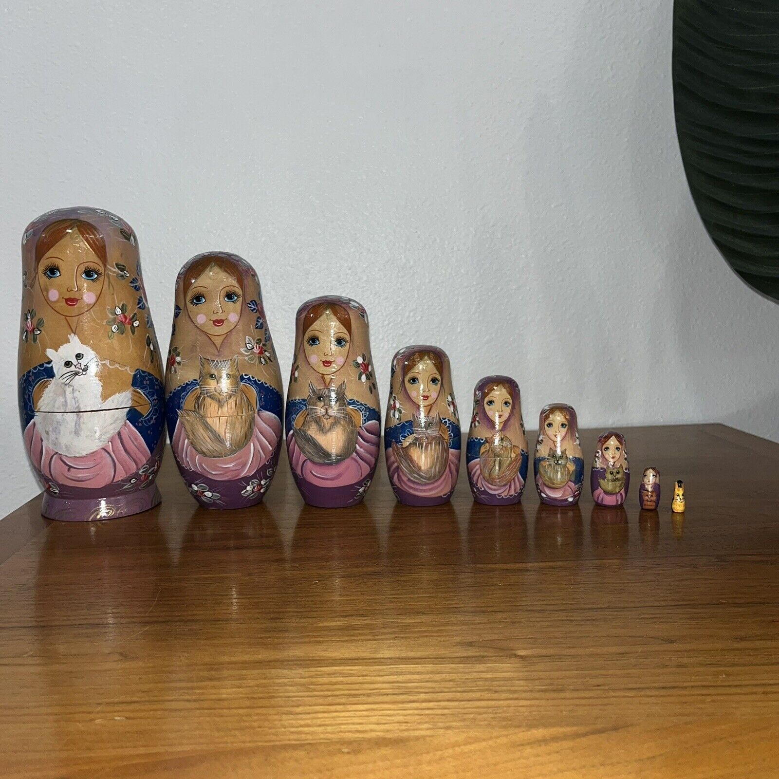 10 Pc Set of Matryoshka Handpainted Wooden Nesting Dolls Cat Lady 8\