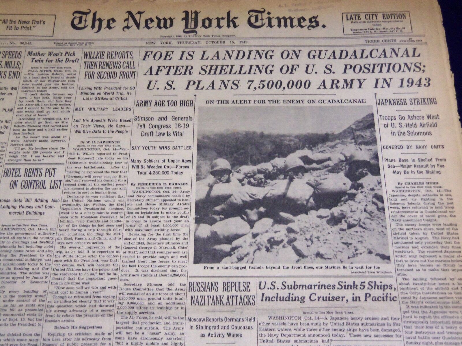 1942 OCTOBER 15 NEW YORK TIMES - FOE IS LANDING ON GUADALCANAL - NT 986