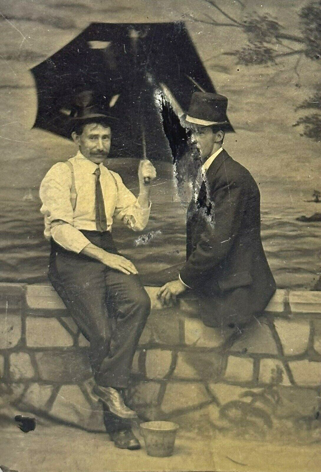 Antique 1800s Tintype Photograph of Victorian Era Men Sharing an Umbrella