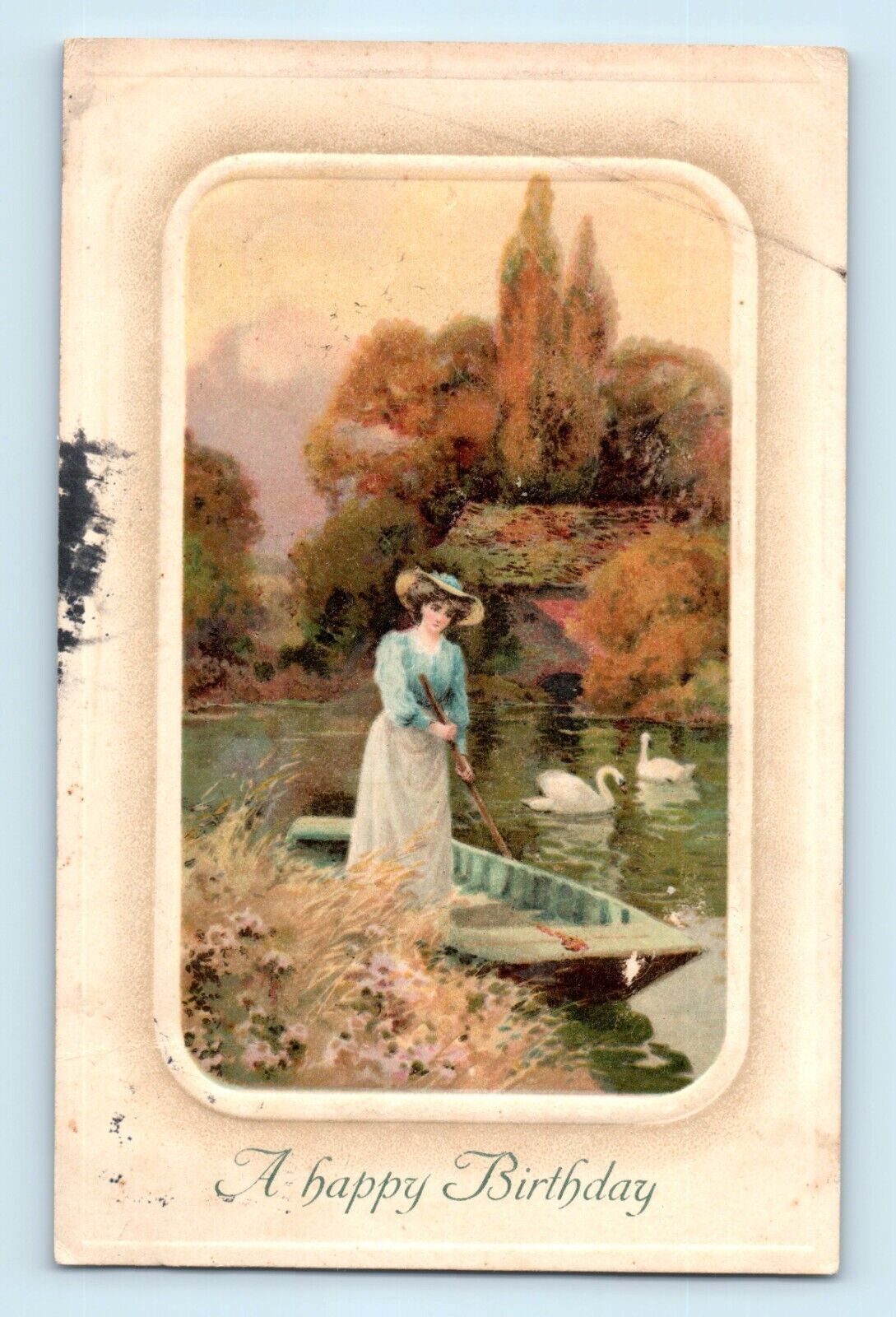 A Happy Birthday Victorian Lady Swans on Lake Boat Paddling Postcard C3