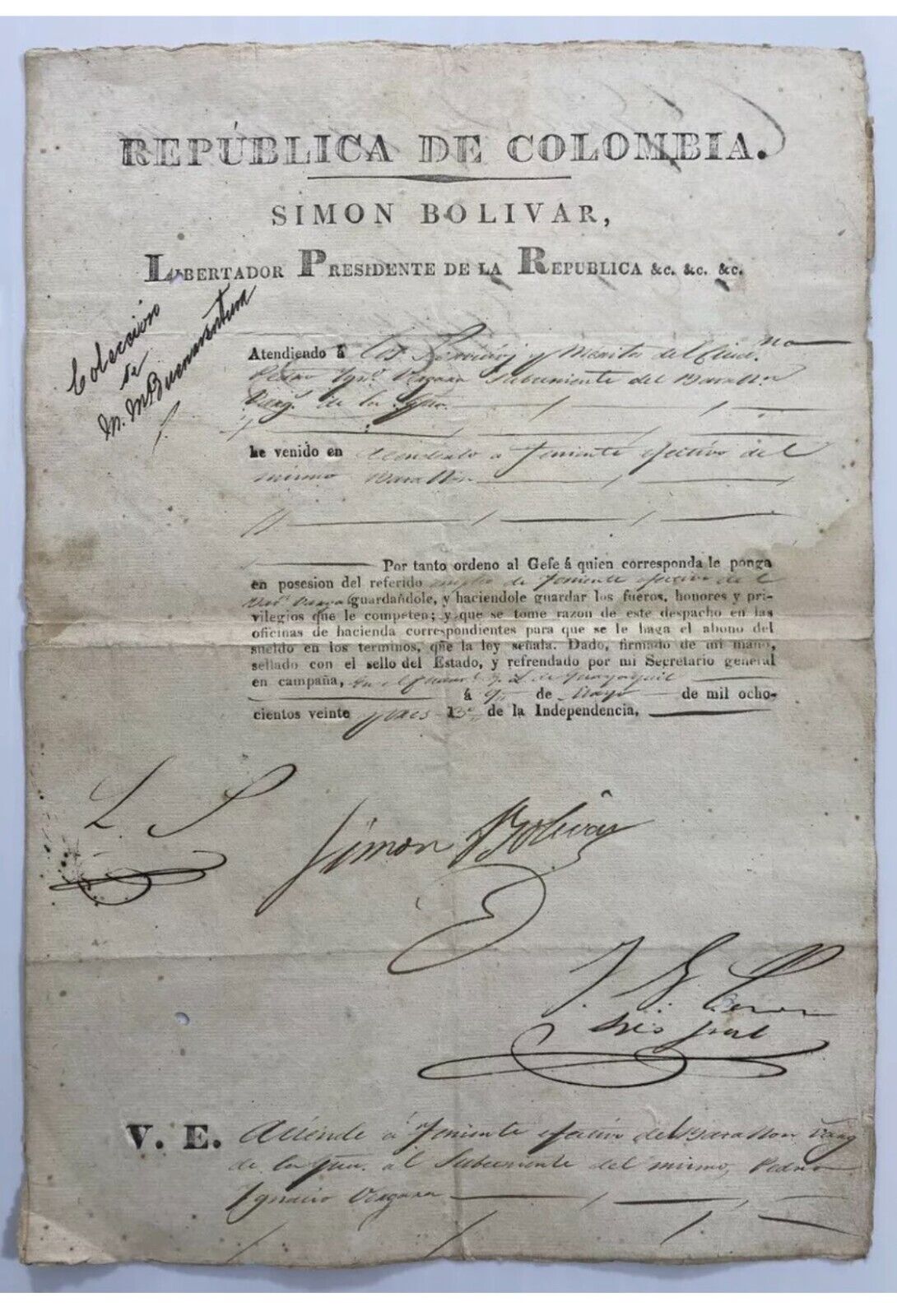 Simon Bolivar Signed Autograph Document May 1823 'Libertador Presidente' JSA COA