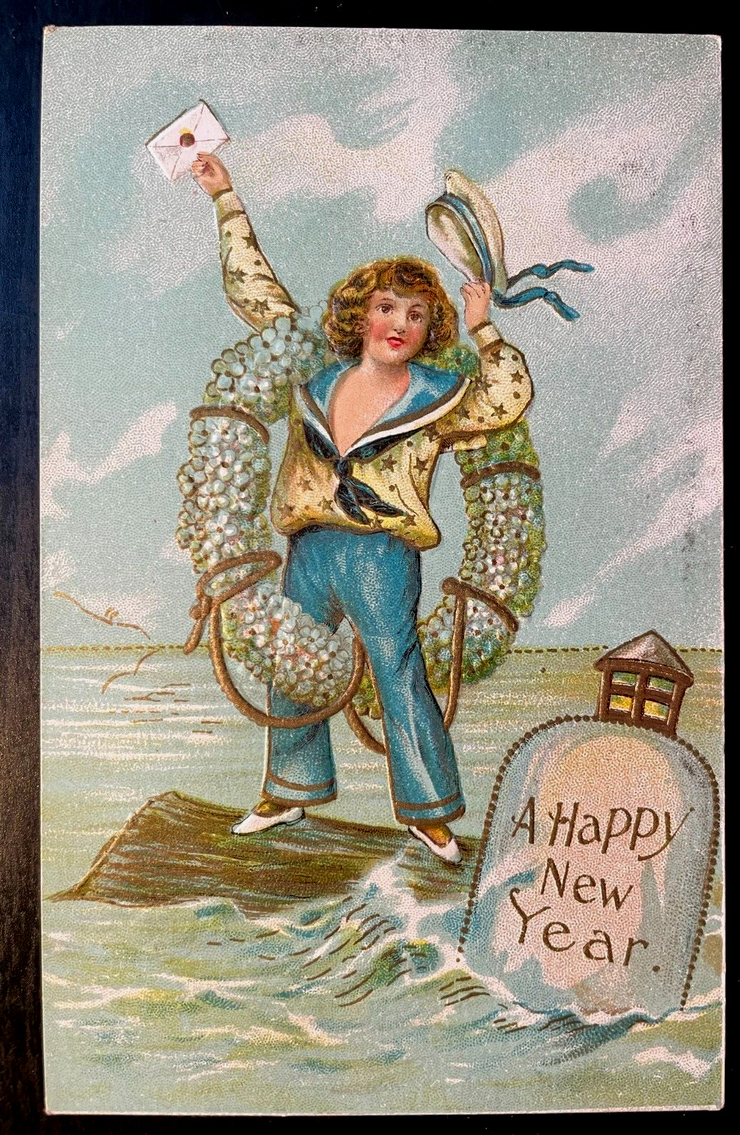 Vintage Victorian Postcard 1901-1910 A Happy New Year - Sailor Boy with Flowers