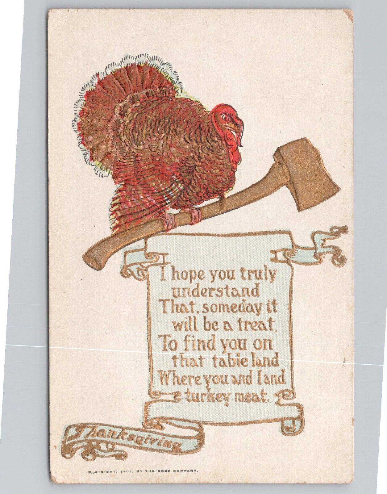 Turkey & Hatchet Someday We Will Meet Thanksgiving 1907 Antique Postcard