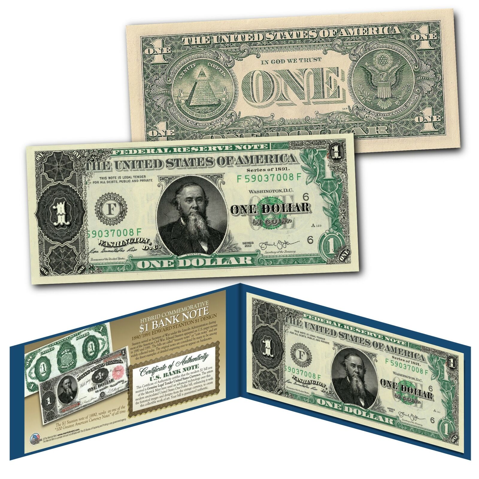 1891 Edwin STANTON Civil War Treasury One-Dollar Banknote designed on UNC New $1