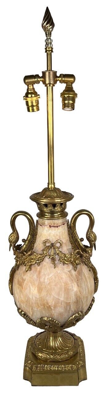 Large Antique French Louis XVI Empire Peach Marble Gilt Bronze Ormolu Swan Lamp