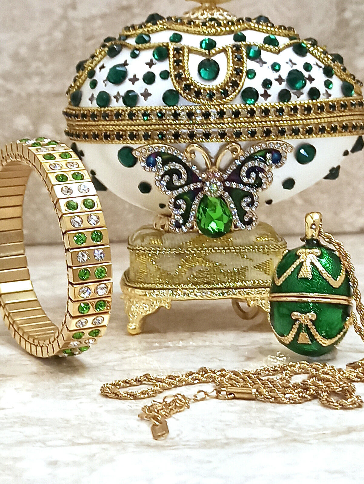 Emerald Faberge egg trinket box + Faberge egg necklace + 2ct Bracelet 24k GOLD