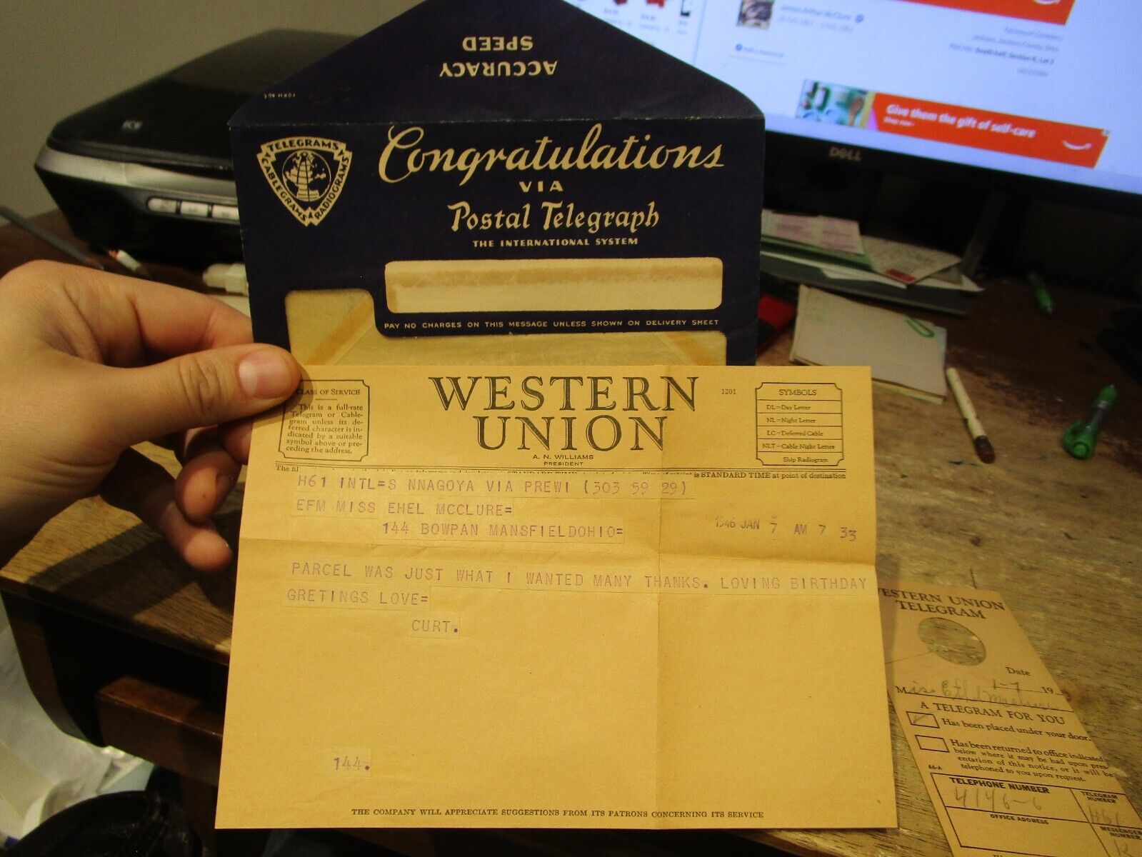1933 Mansfield Ohio Western Union Telegraph Telegram Happy Birthday w/ Envelope
