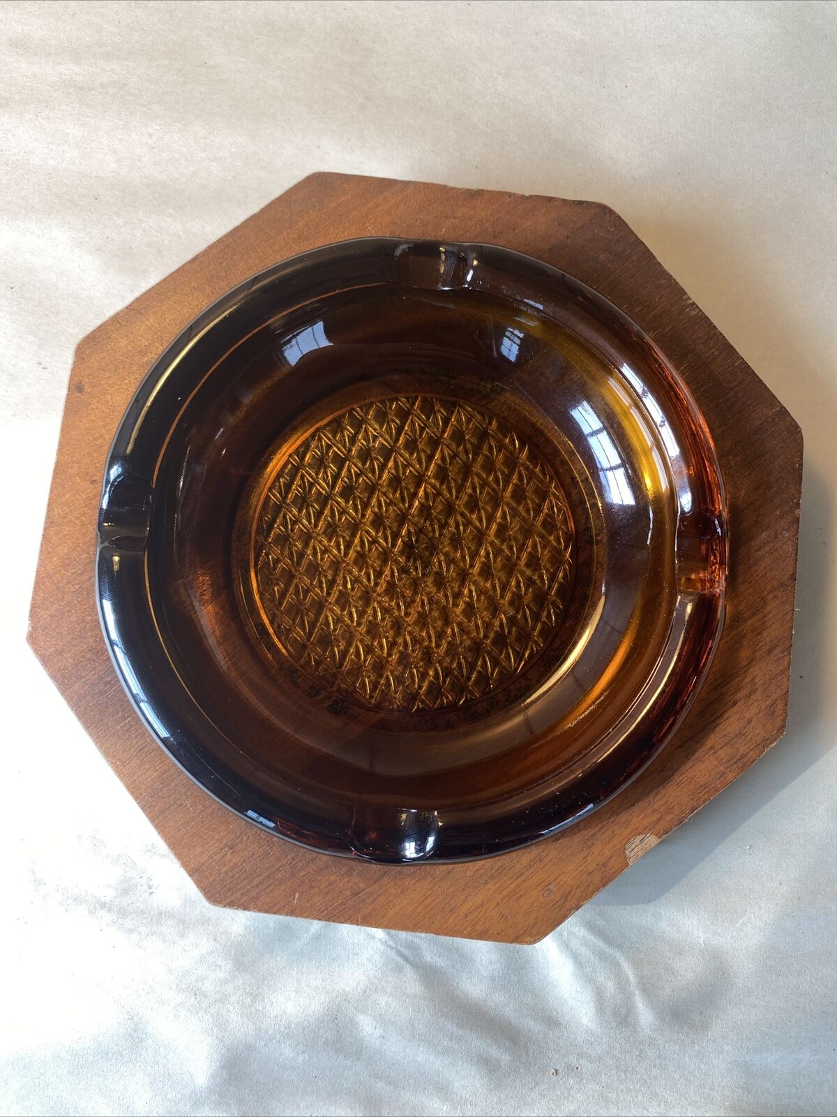MCM Decatur Industries Amber Glass Ashtray In A Wood Frame 