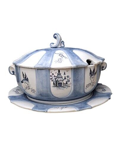 Vintage Soup Tureen with Underplate ~Made In Italy~Blue & White