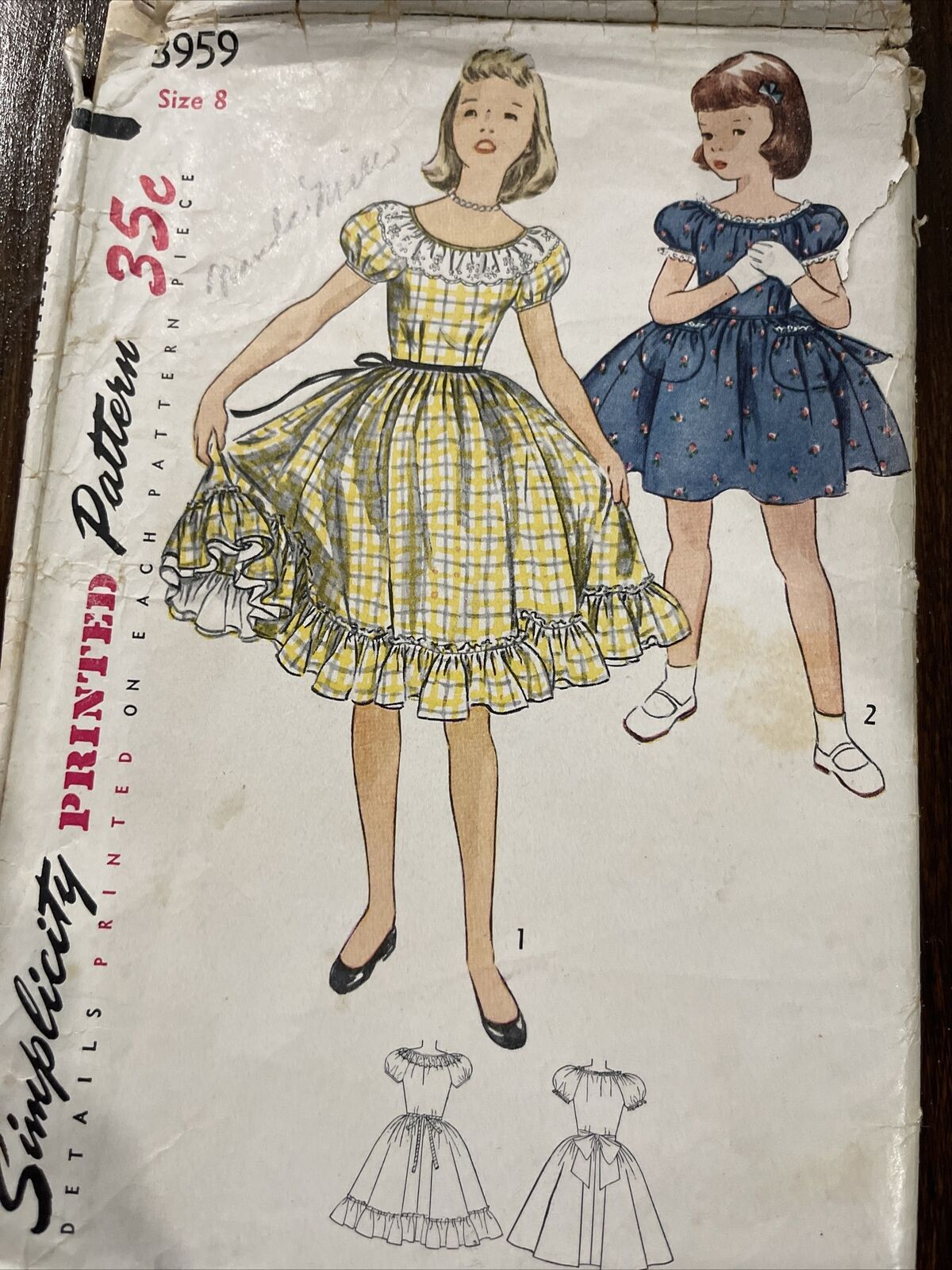 Original Vtg Simplicity Pattern 3959 Girls Sz 8 Sweet One-Piece Dress c 1952 UC