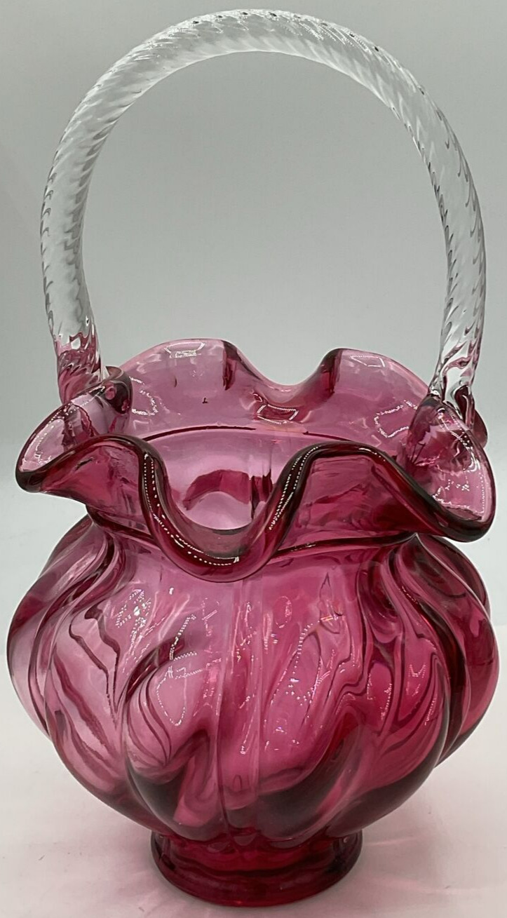 1990s Cranberry Pink Fenton Art Glass Optic & Clear Swirl Brides Basket Ruffled