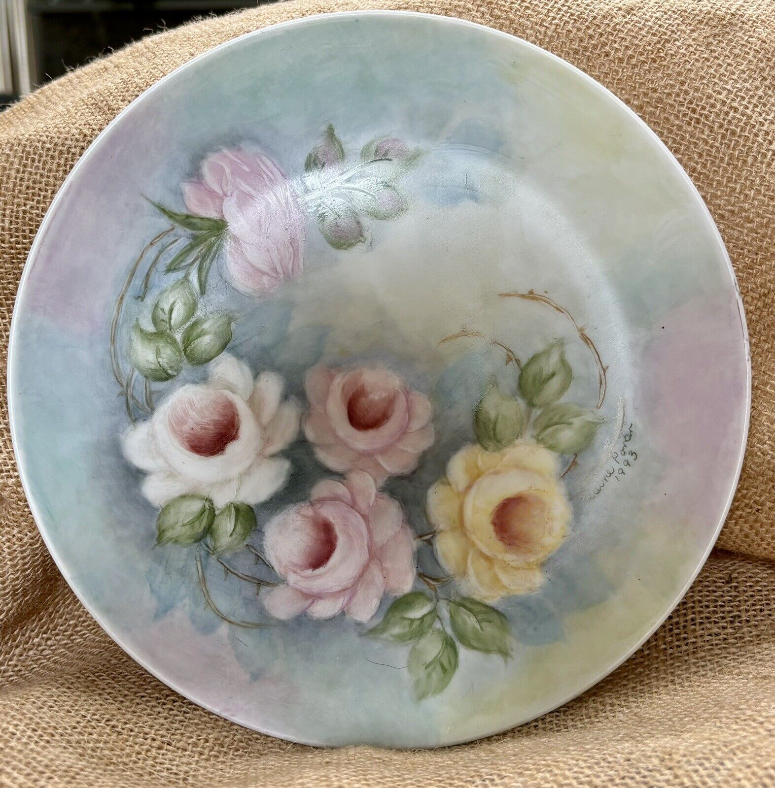 ~Antique Hand Painted Rose Decorative Plate Artist Signed