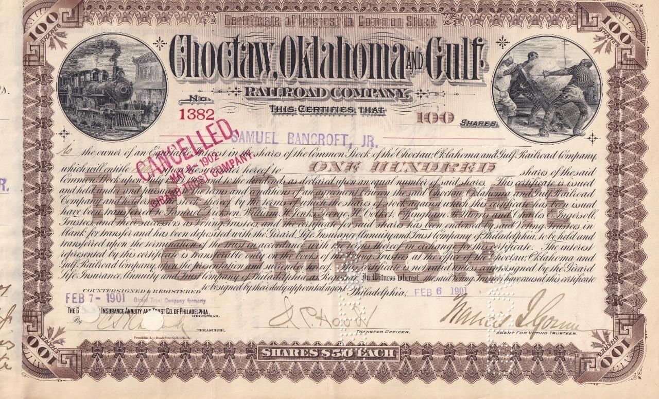 1901 Choctaw Oklahoma & Gulf Railroad common stock certificate - Rock Island