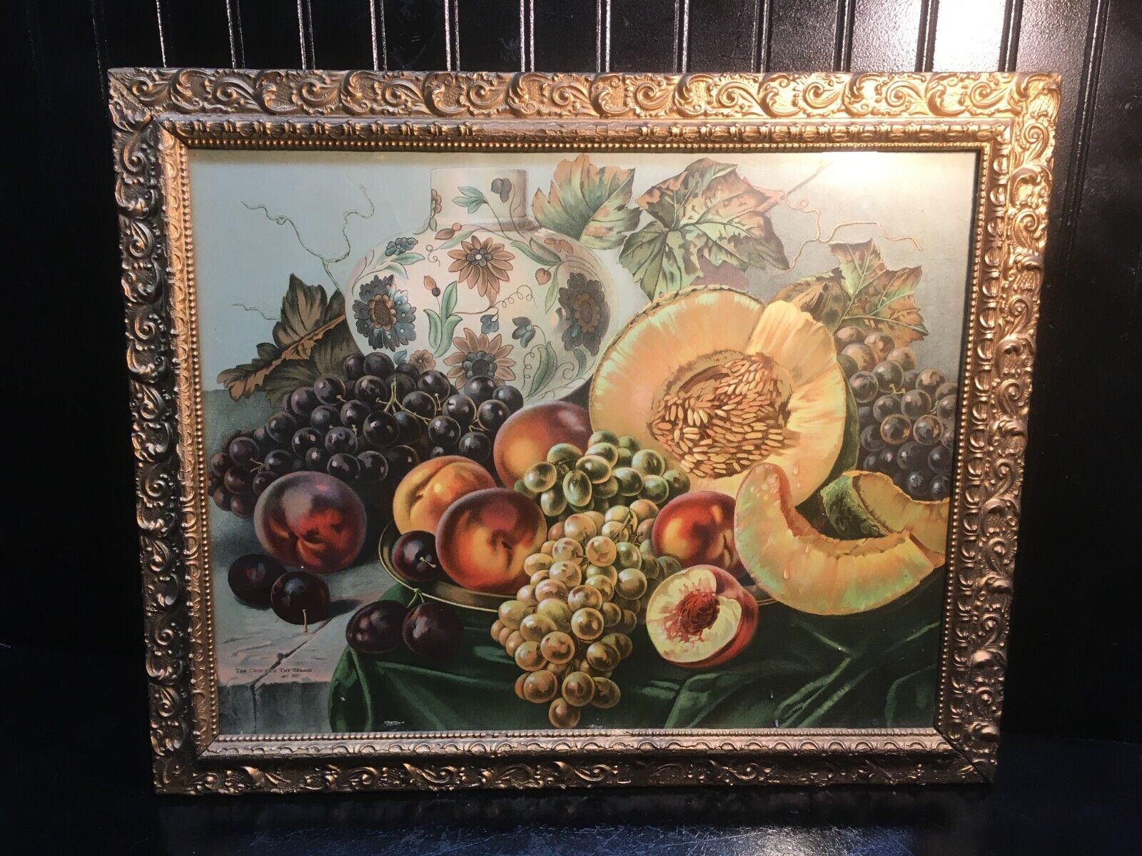 Antique CHOICE OF SEASON Frame Litho Fruit Bowl Peach Grapes Cantaloupe Print