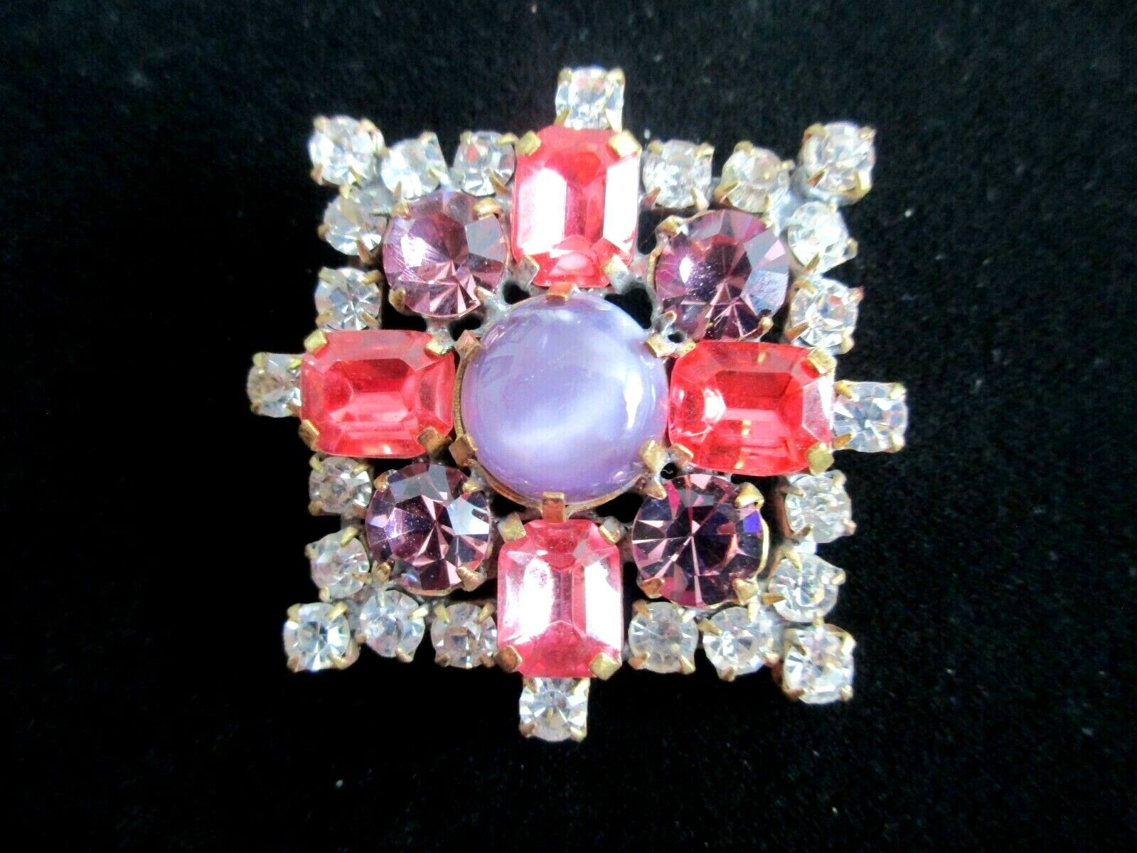 XL Outstanding  Czech Vintage Glass Rhinestone Button Pink & Crystal & Lavender