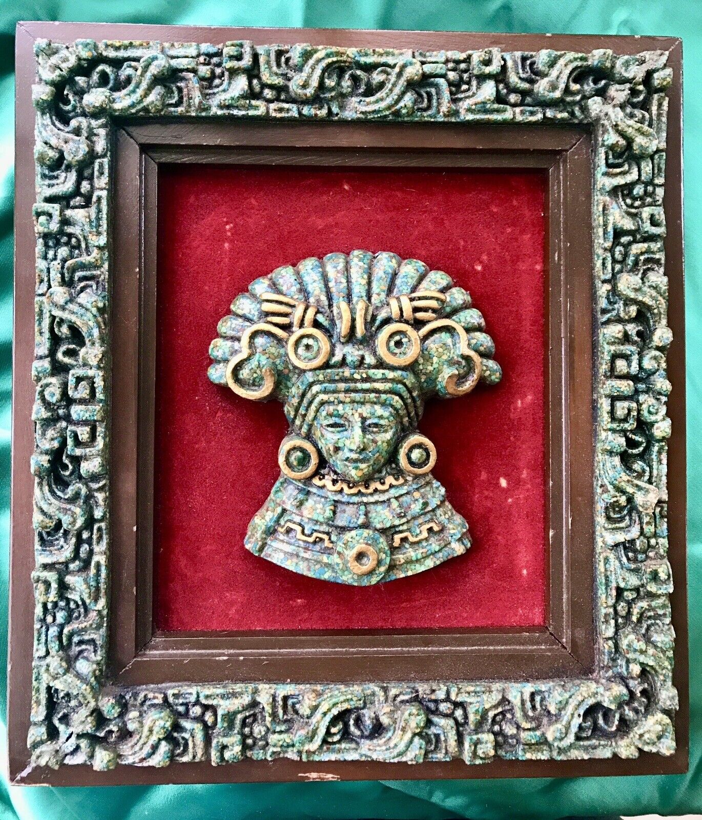 Vintage Crushed Green Malachite Aztec Mexican Wall Art