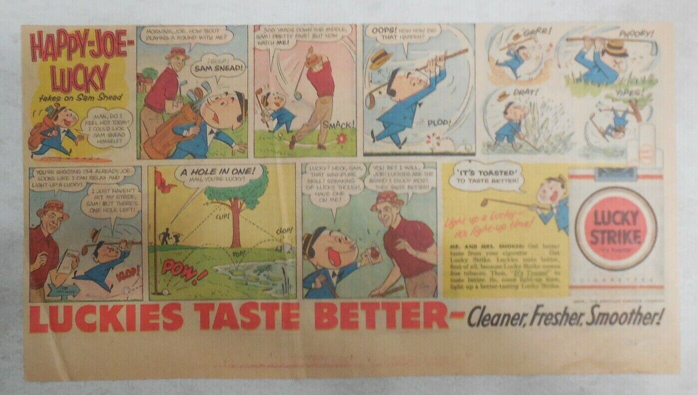 Lucky Strike Ad: Happy-Joe-Lucky Ad  1955 Size 7.5 x 15 inches Golfer Sam Sneed