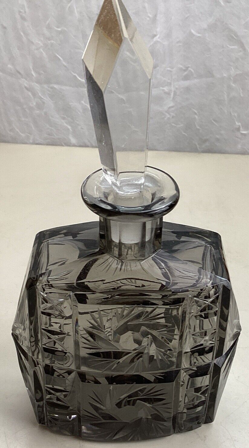 Antique Art Deco Smoke Gray clear hand cut Czech crystal glass perfume bottle
