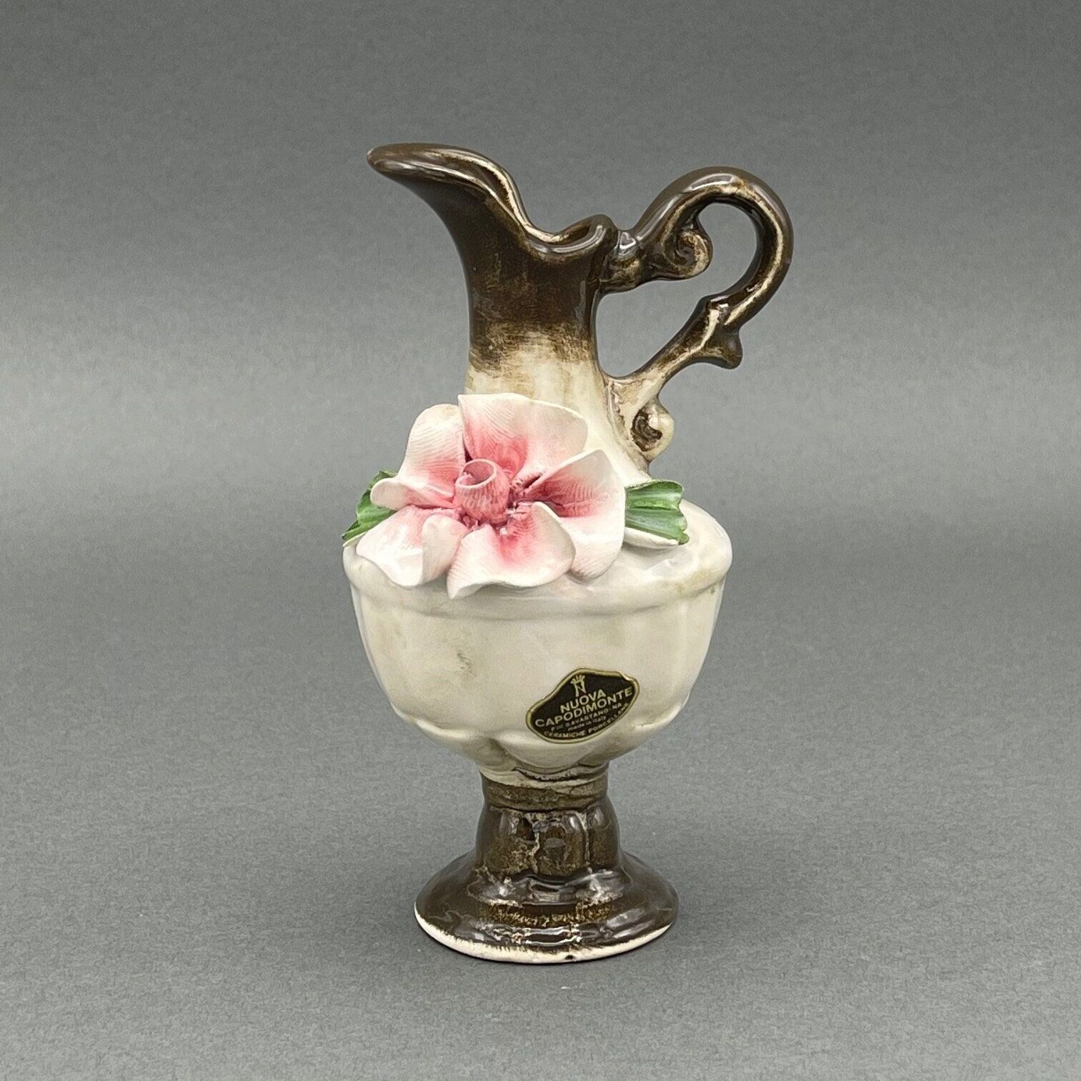 Vintage Nuova Ceramiche Capodimonte Pitcher Vase Pink Flower.  Made in Italy