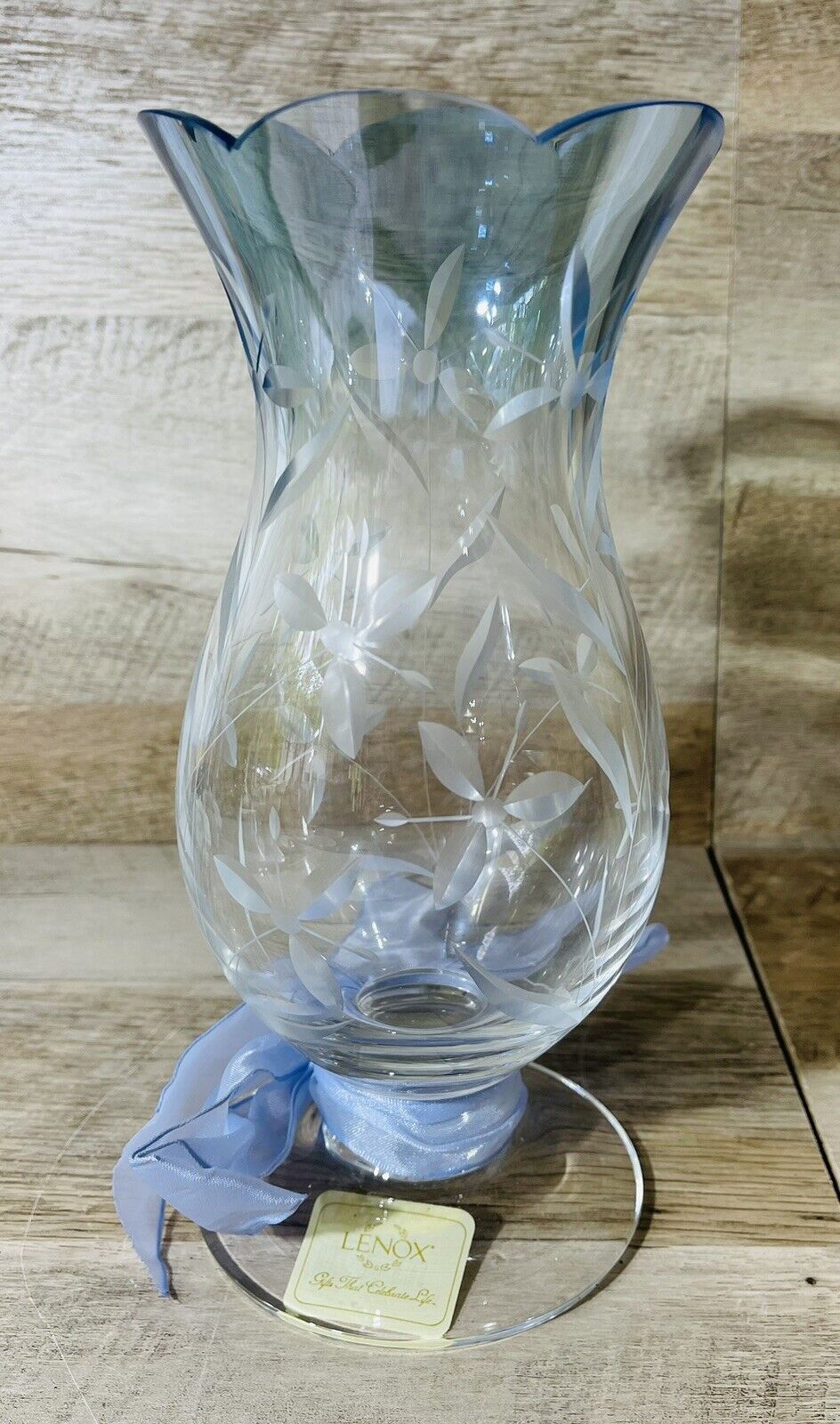 Lenox Crystal Floral Spirit 9” Blue Ombré Etched Vase