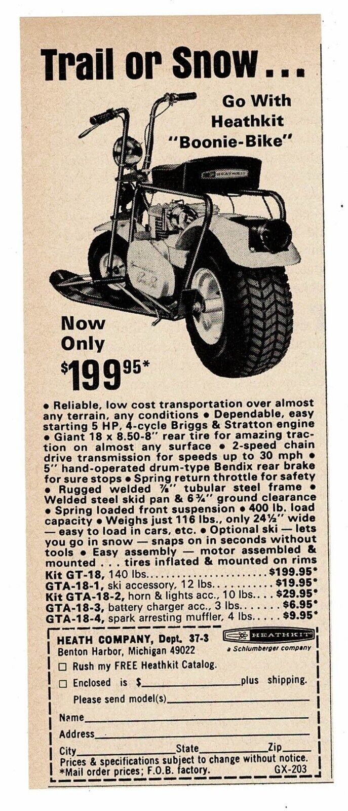 1969 HEATHKIT Boonie Bike Mini-Bike front wheel ski Vintage Print Ad 2