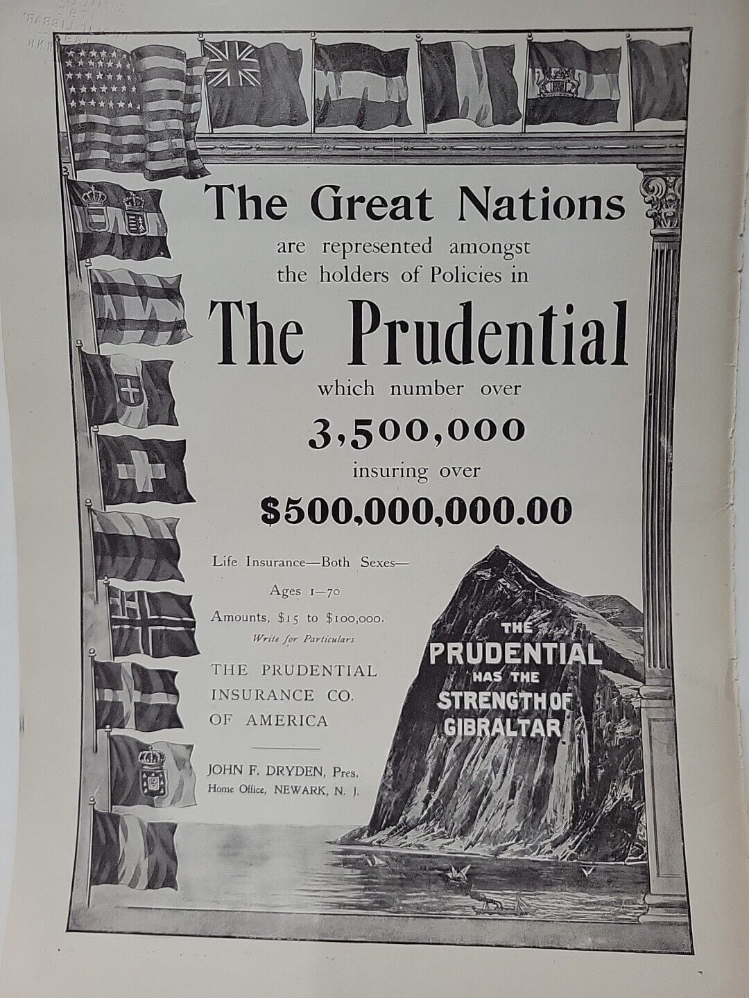 1909 The Prudential Insurance Print Ad Great Nations Flags Rock Gibraltar Leslie