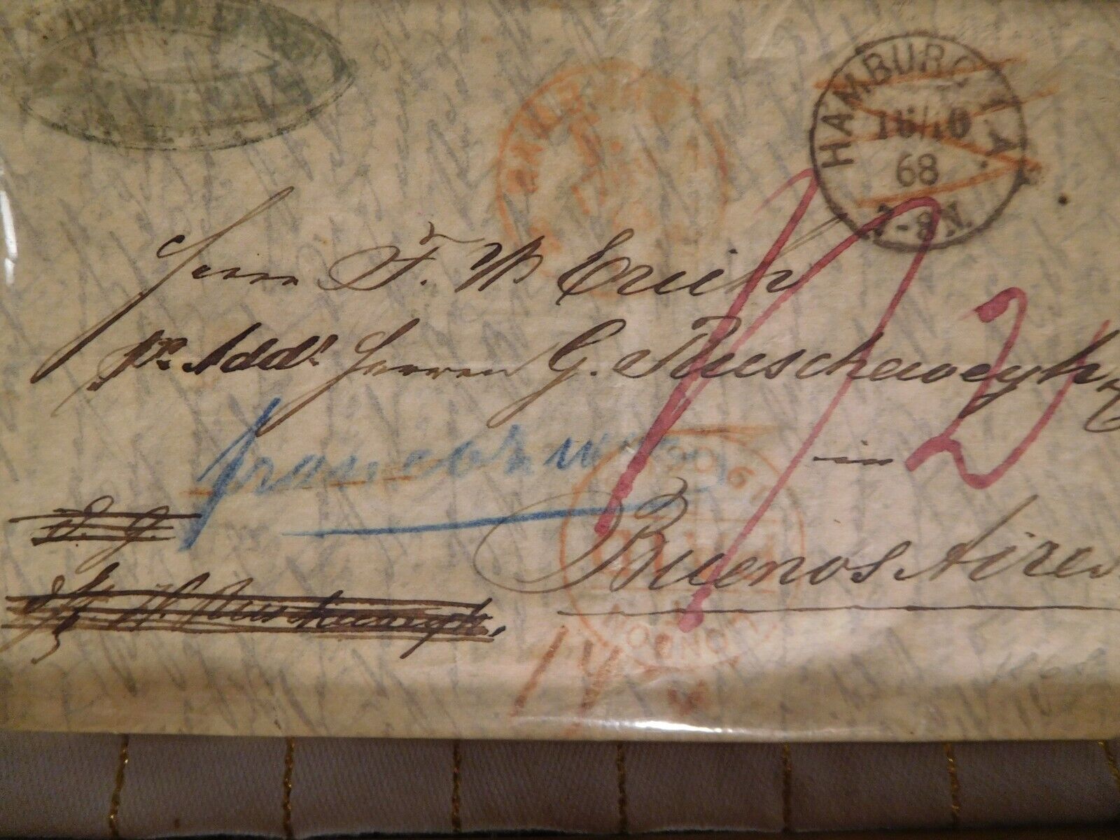 Antique 1868 Letter with 4 Postmarks & 5 Colors London/Hamburg