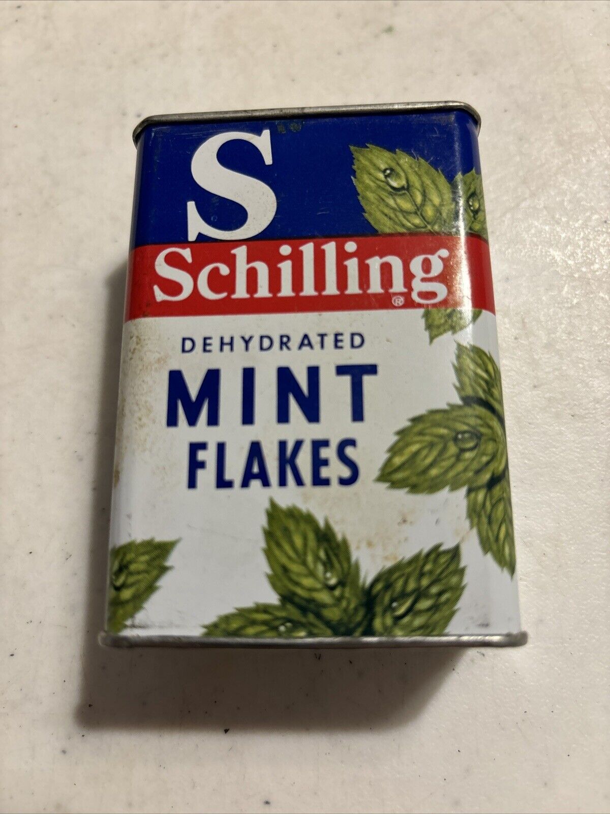 VINTAGE Schilling Dehydrated Mint Flakes Metal Spice Tin