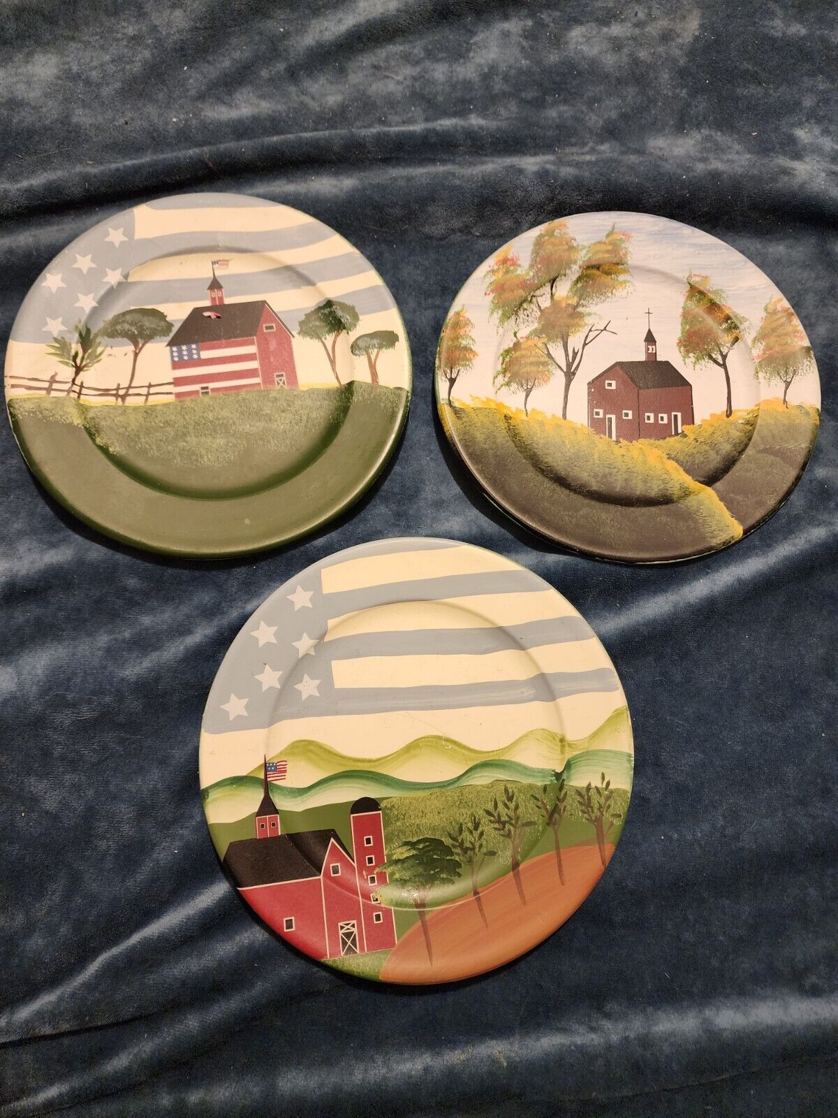 Set Of 3 Decorative Folk Art Saucer Plates Barns Landscape
