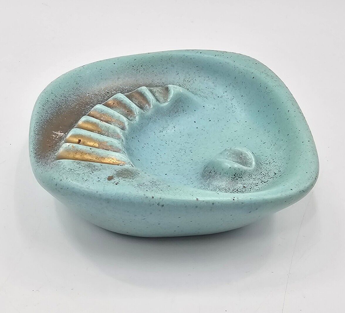 Vintage Signed deLee Art Co 1950s Art Deco Teal Blue and Gold Pottery Ashtray 