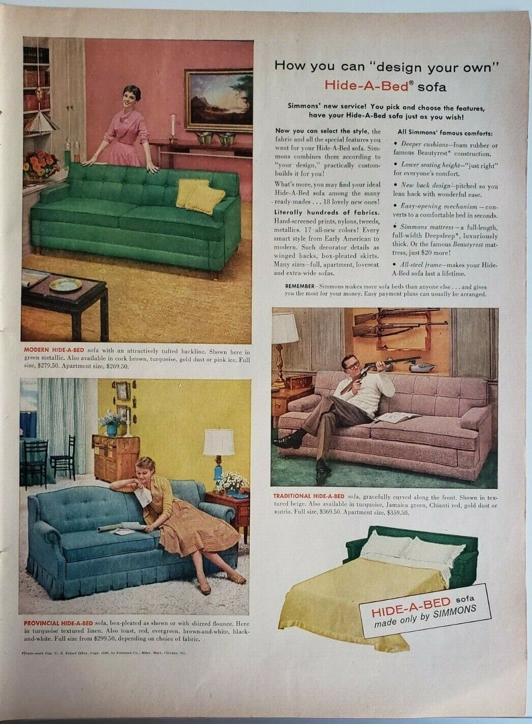 Vintage 1957 Simmons Pull out Bed Print Ad Ephemera Wall Art Decor 