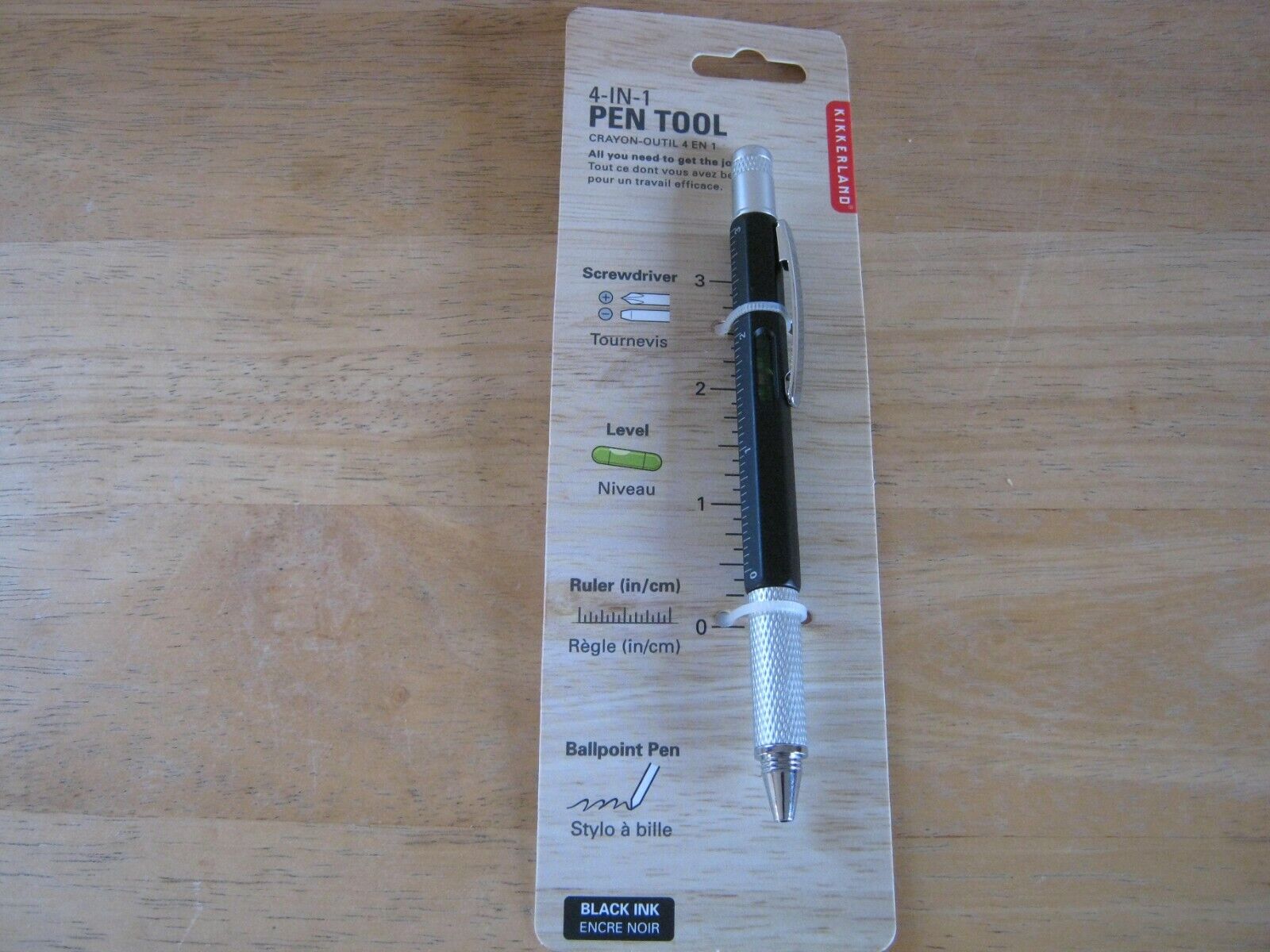 Kikkerland 4-In-1 Pen Tool Black Screwdriver, Level, Ruler, Pen