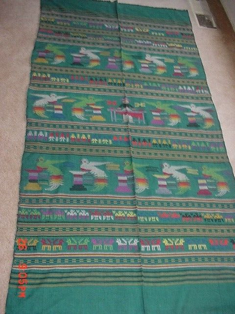 LARGE VINTAGE HANDWOVEN CLOTH FROM GUATAMALA MIRIMBA PLAYER AND QUETZALS