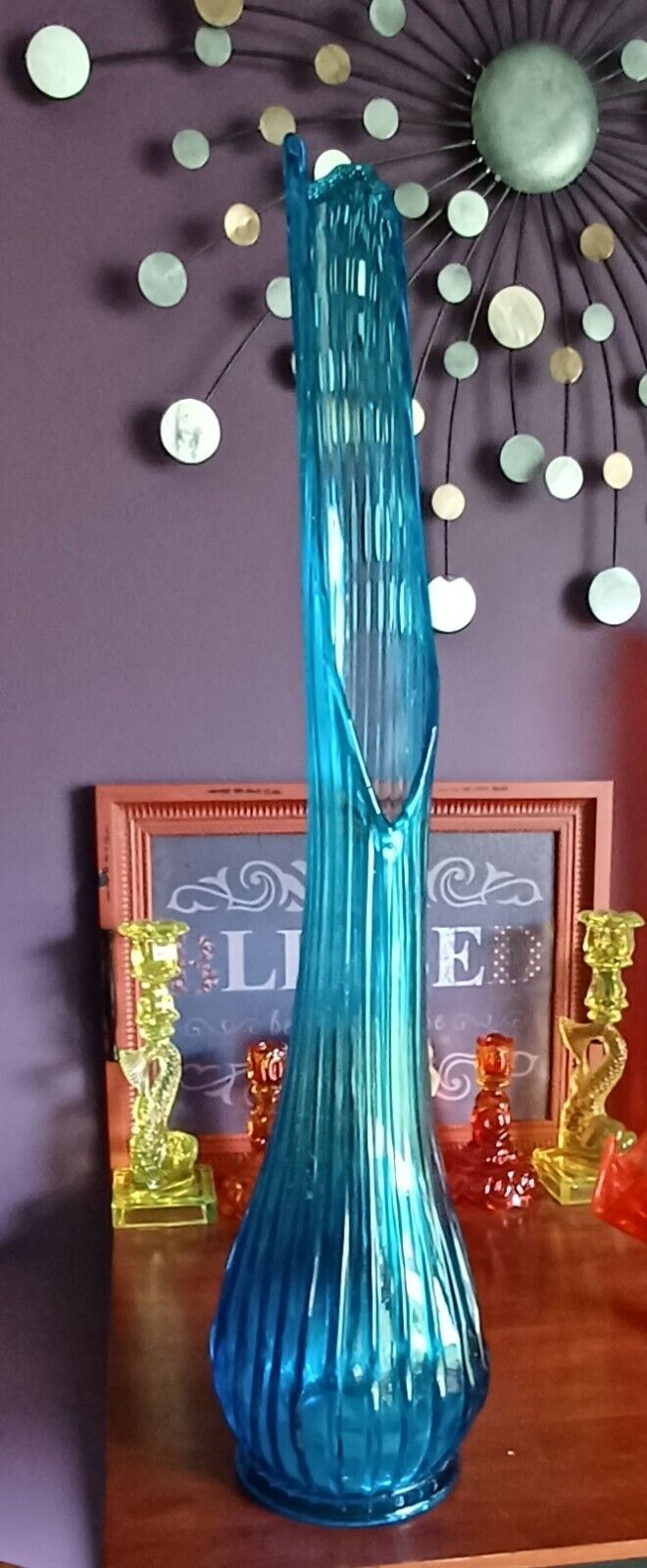 Vintage LE Smith Glass Vase Simplicity Swung Peacock Blue Ribbed 28\