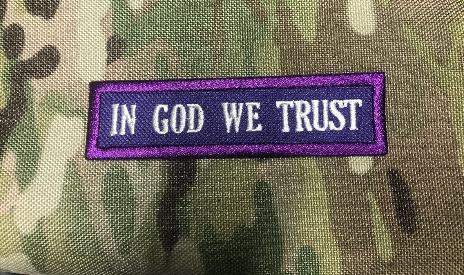 IN GOD WE TRUST EMB PATCH 1X4\'\' SEW ON WHITE ON PURPLE