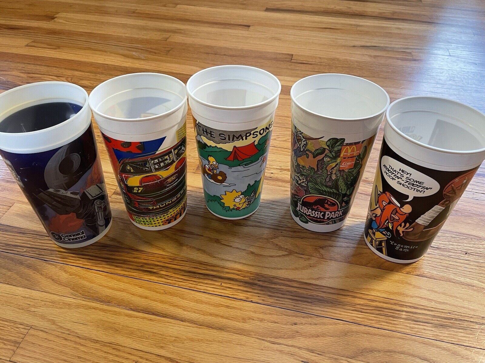 4 VTG 90s McDonalds Looney Tunes Jurassic Park Nascar BK Simpson Plastic Cups
