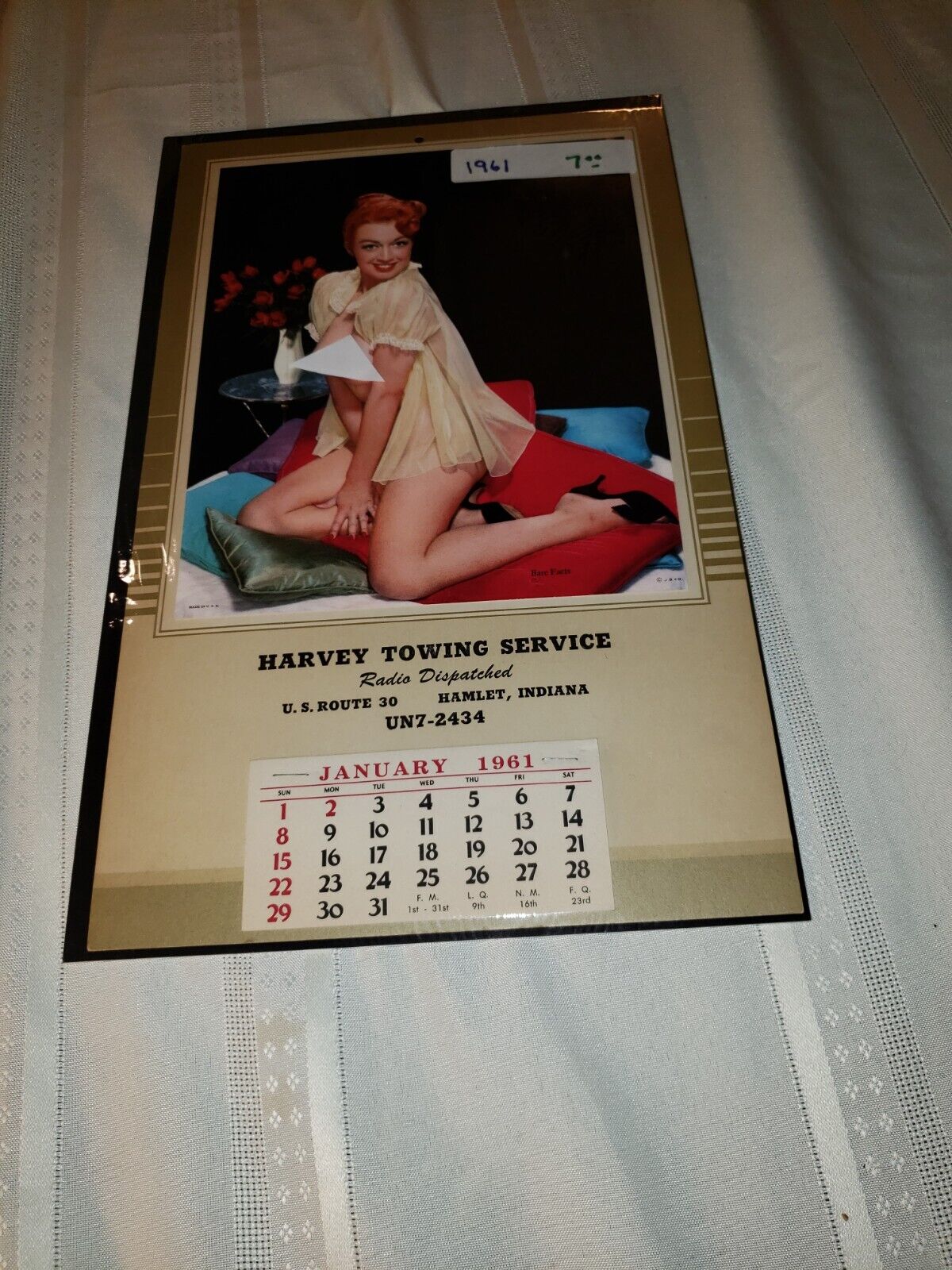 1961  Pin Up Calendar Art Beautiful Girl  Red Hair Harvey Towing Service RARE