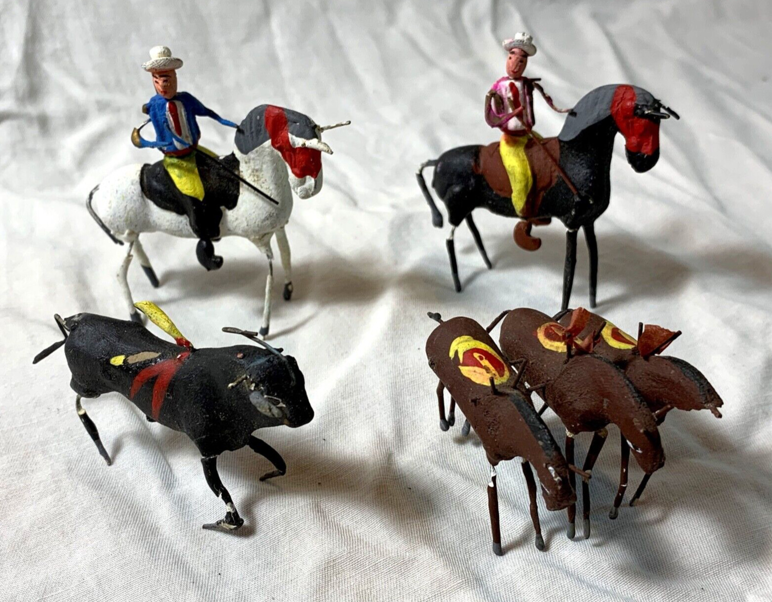 Set of 4 Spanish Bullfighting Miniatures - Handmade Wire and Plaster Figurines
