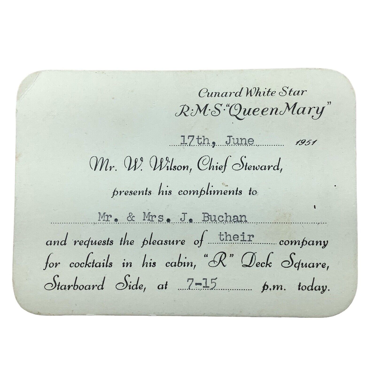 R. M. S “Queen Mary” Cocktail Invitation June 1951 Cunard White Star Cruise Line
