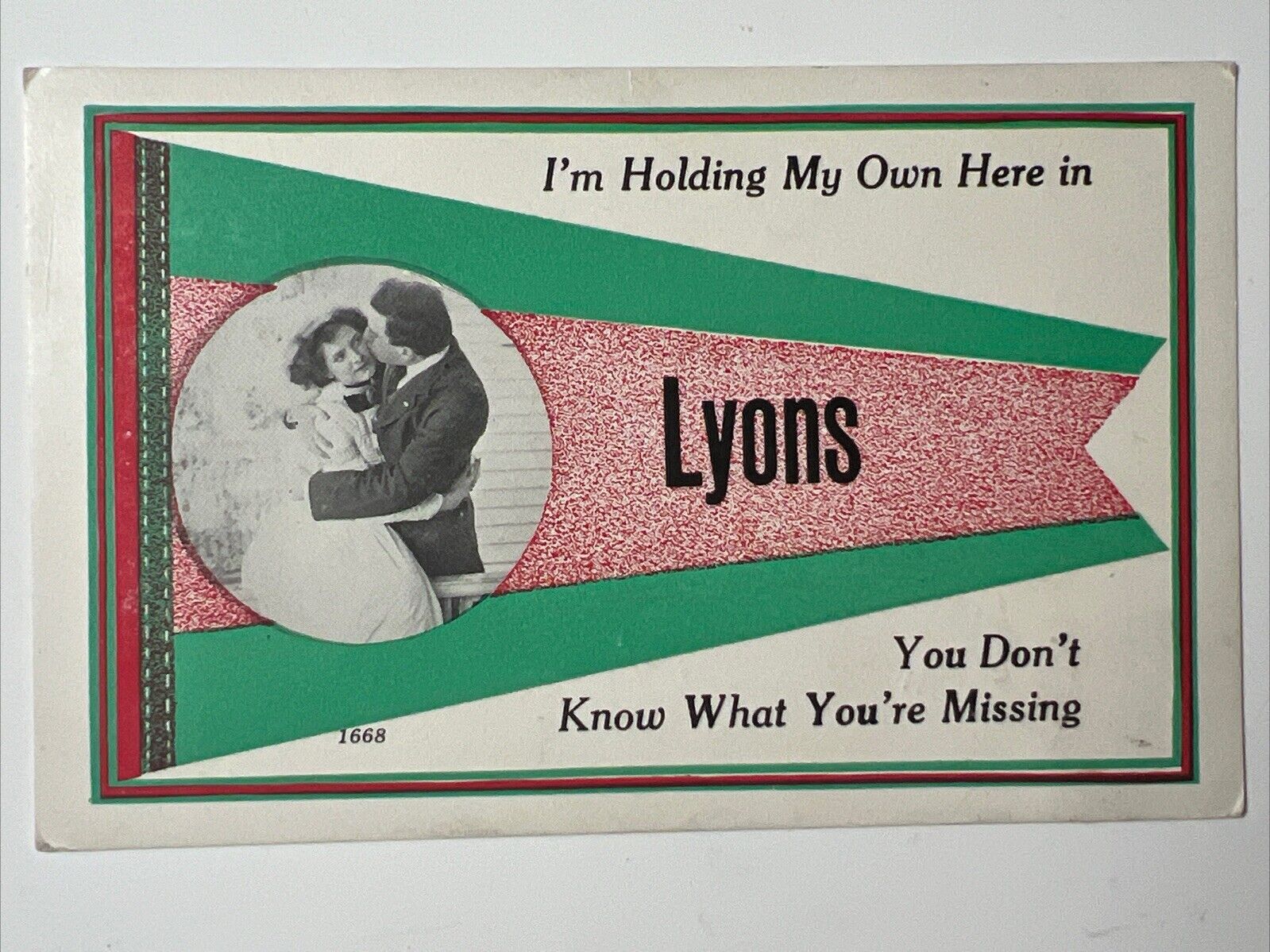 antique 1914 LYONS MICHIGAN Pennant Postcard w Photo of Couple