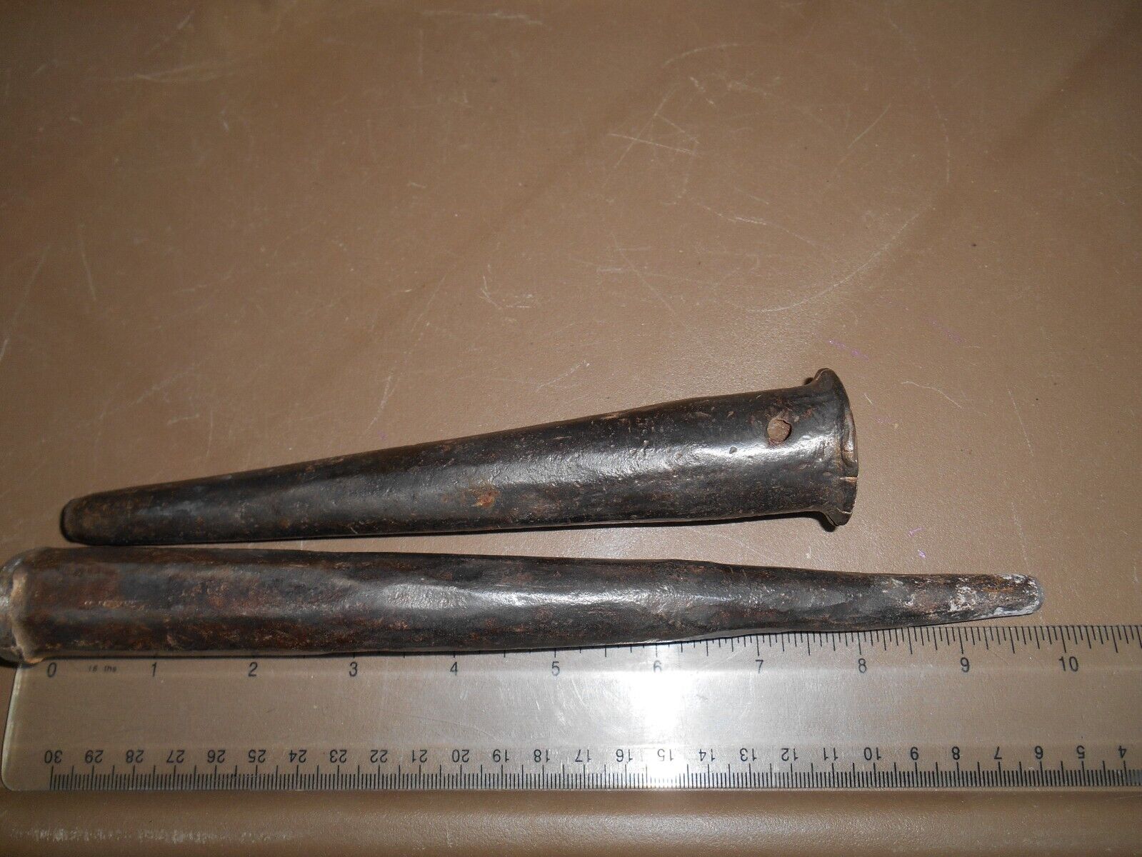 2 vintage blacksmith heavy metal steel spike / cone punches tools