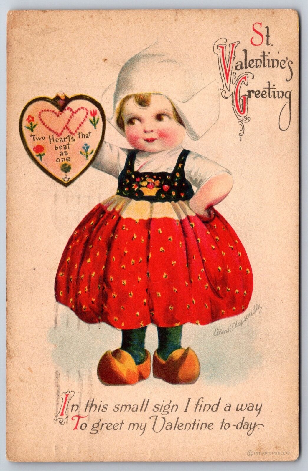 Ellen H Clapsaddle Valentine~Dutch Girl Holds Up Cross Stitch Heart~WOLF~1919