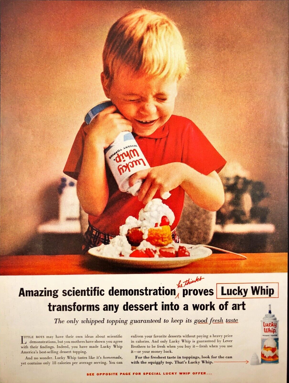 1959 Lucky Whip Desert Topping Kid Mess Strawberry Short Cake Vintage Print Ad